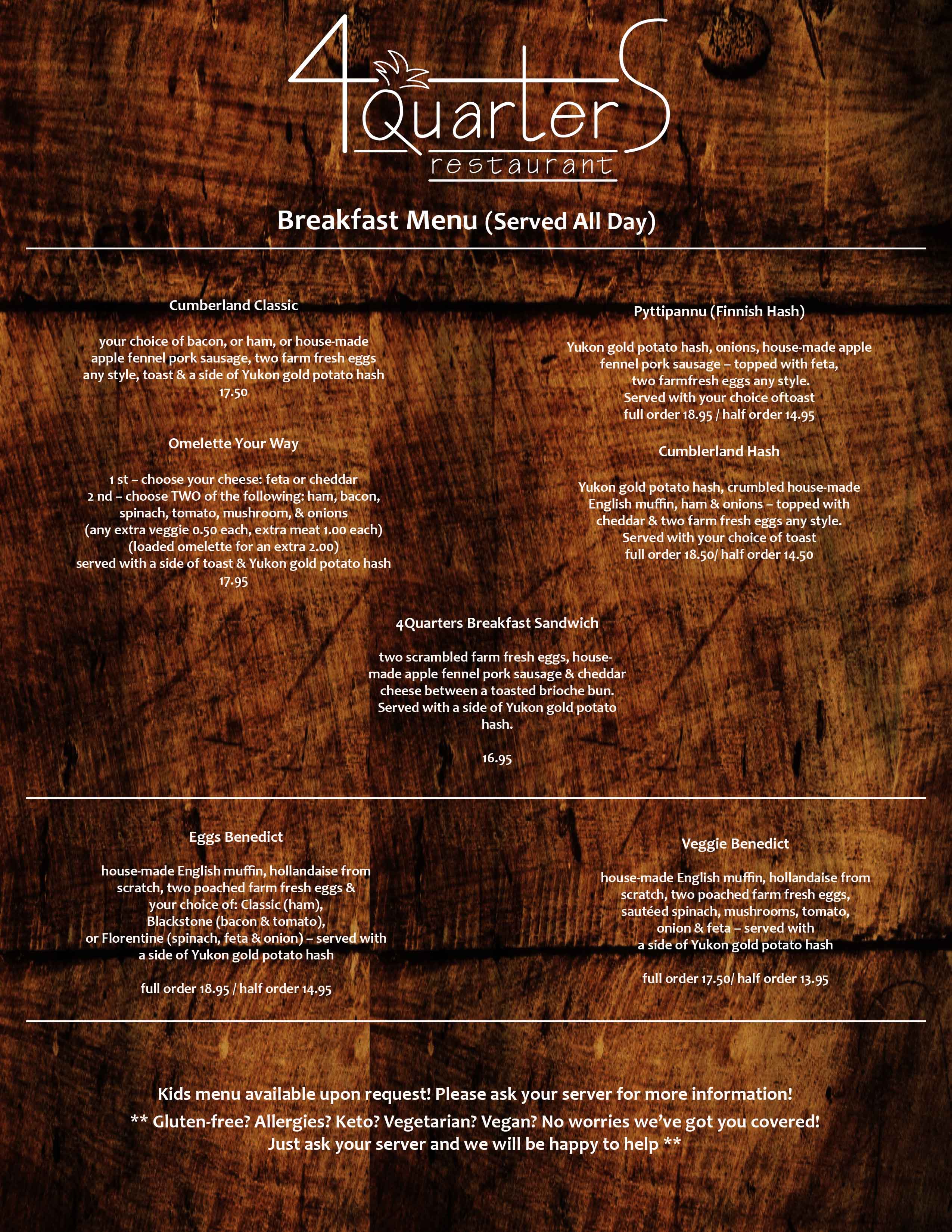 4 Quarters Breakfast Menu